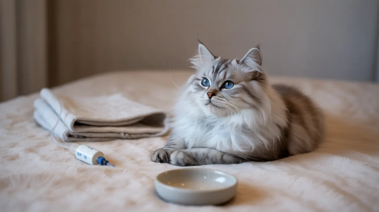 Fluffy white and gray Siberian cat resting on a soft blanket with a medical syringe and small bowl nearby