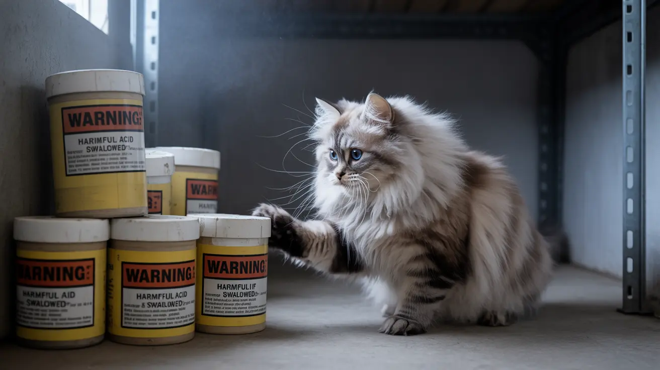 A fluffy white and grey Siberian cat near warning-labeled containers in a metallic shelving unit