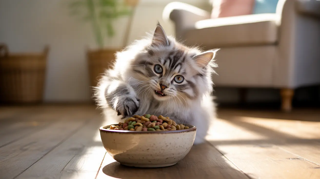 A fluffy Siberian cat sitting next to a bowl of colorful dry cat food on a wooden floor with soft sunlight