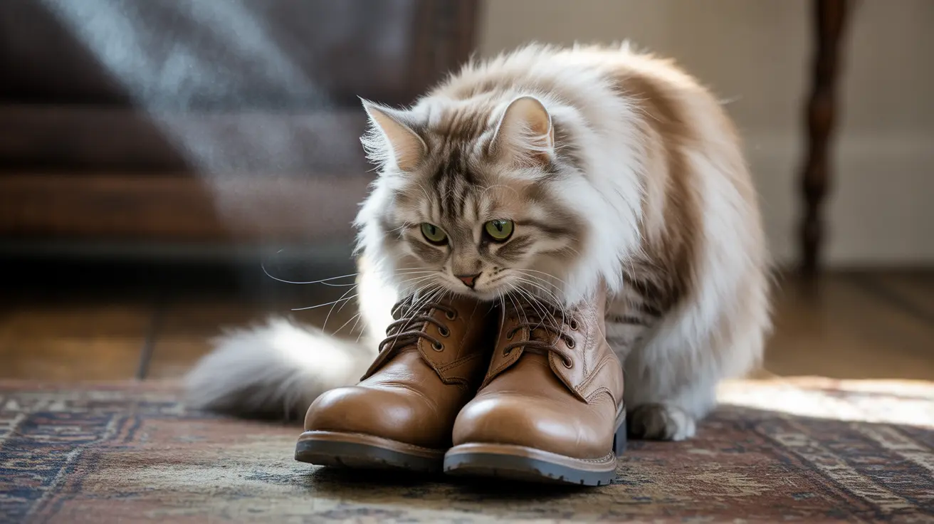 A fluffy Siberian cat sitting next to a pair of brown leather boots on a patterned rug