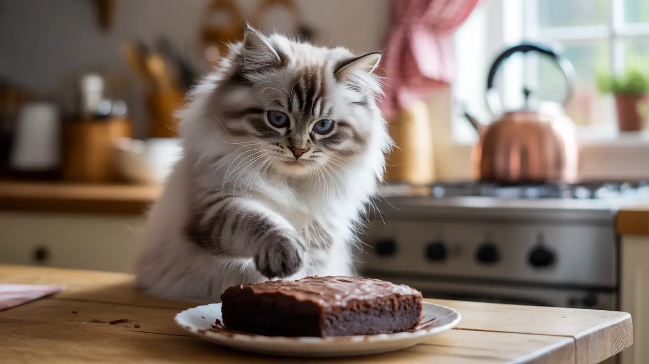 A fluffy Siberian cat sitting near a chocolate brownie on a kitchen counter