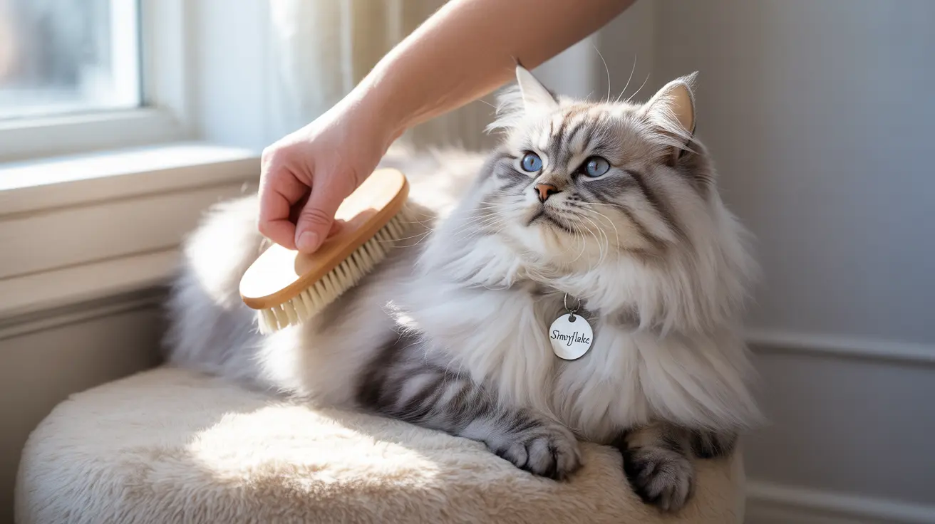 Un gato siberiano de pelaje blanco y gris está siendo cepillado suavemente cerca de una ventana.