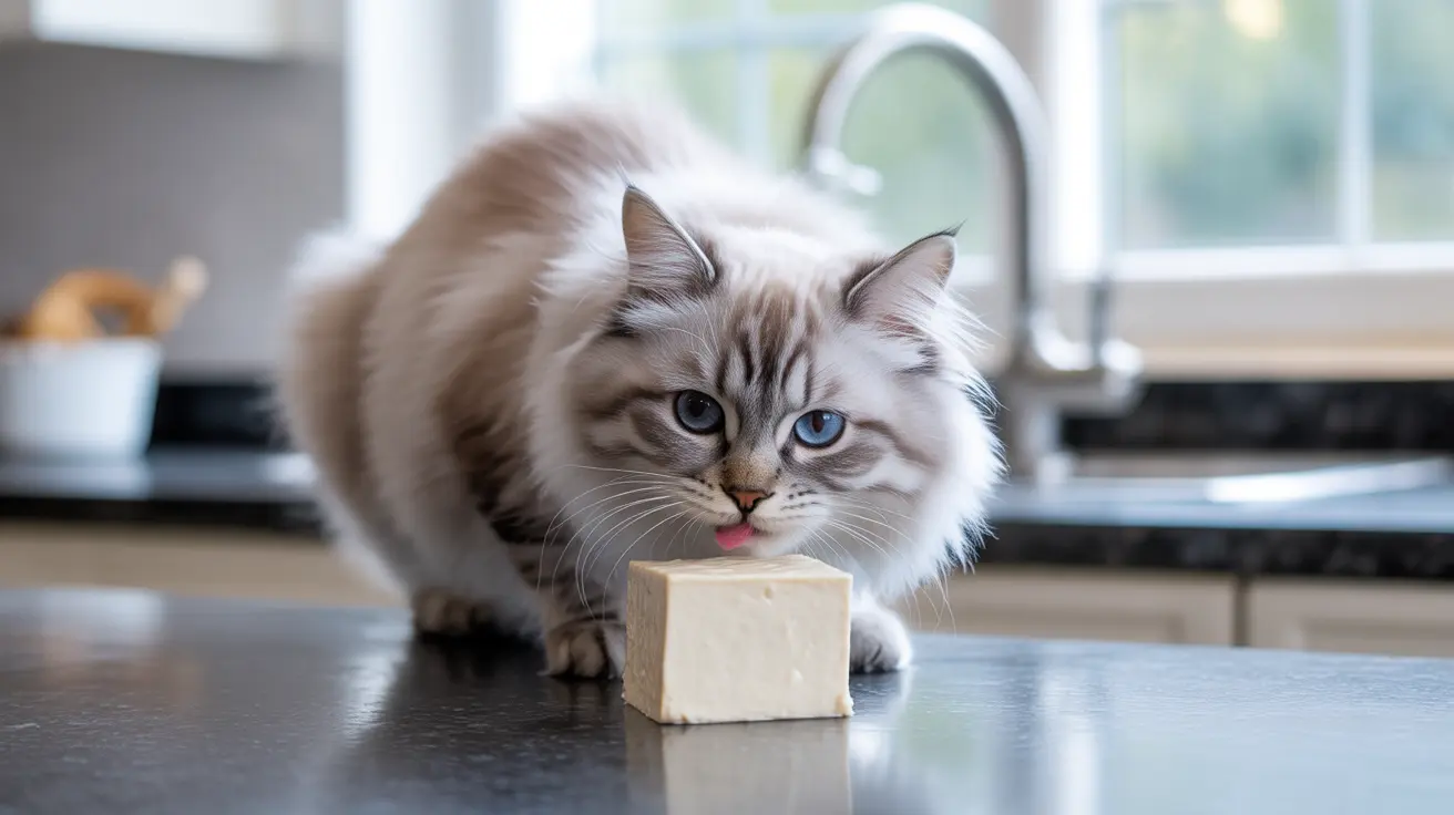 A fluffy Siberian cat sitting near a block of cheese on a kitchen counter