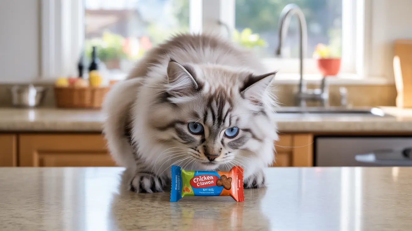 A fluffy Siberian cat with blue eyes staring at a Chicken Gibbon cat treat packet on a kitchen counter