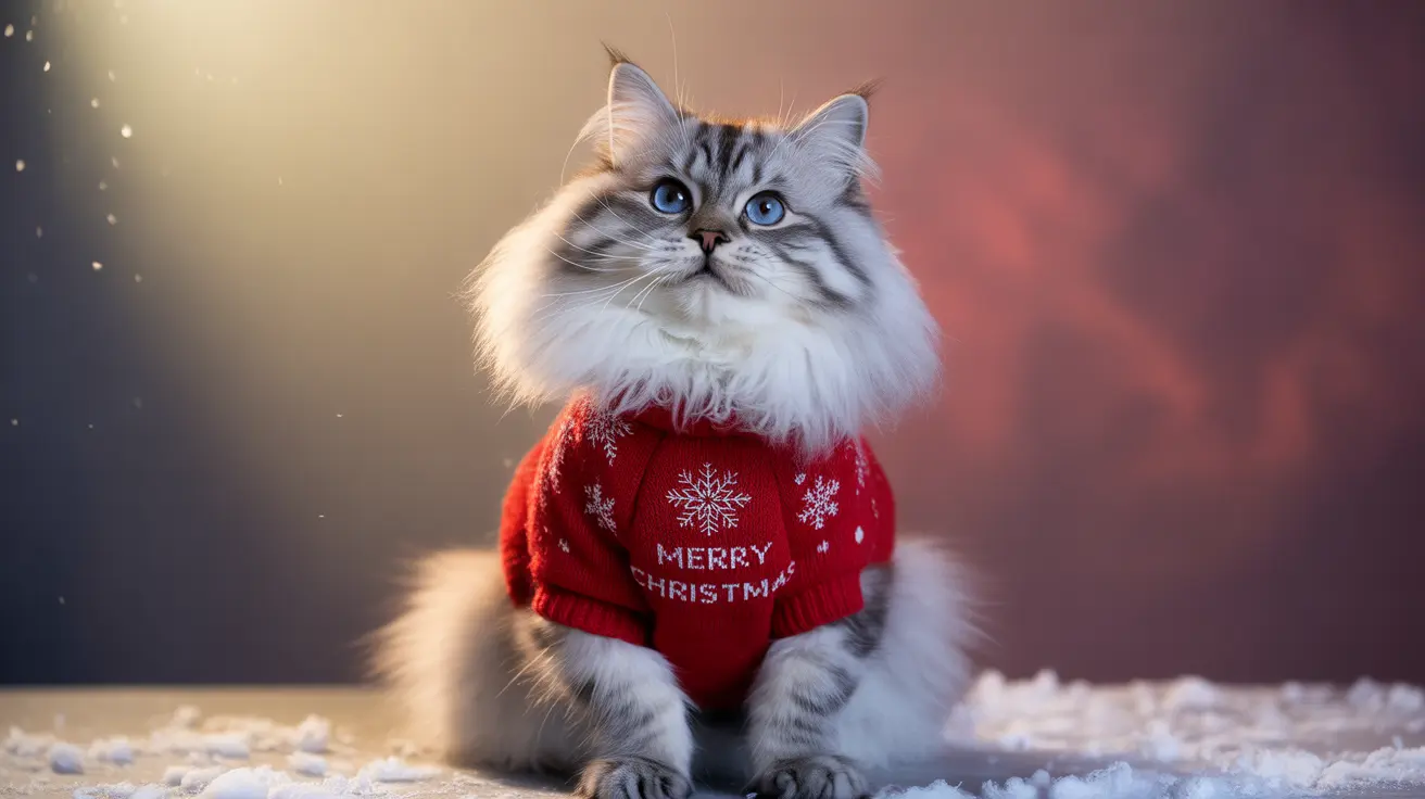 Un gato siberiano blanco y gris, de pelaje esponjoso, lleva un suéter navideño rojo con diseño de copos de nieve.