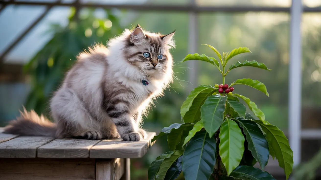 A fluffy Siberian cat with blue eyes near a coffee plant with red berries