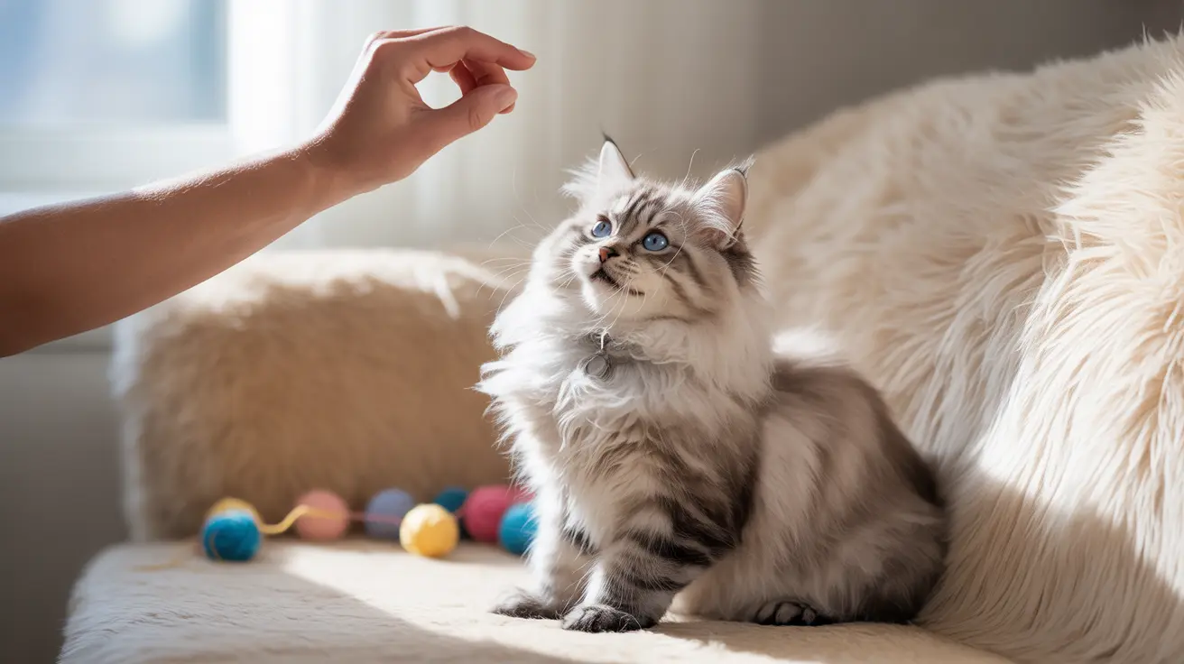 A fluffy white and gray Siberian cat on a chair with colorful cat toys, looking at a reaching hand.