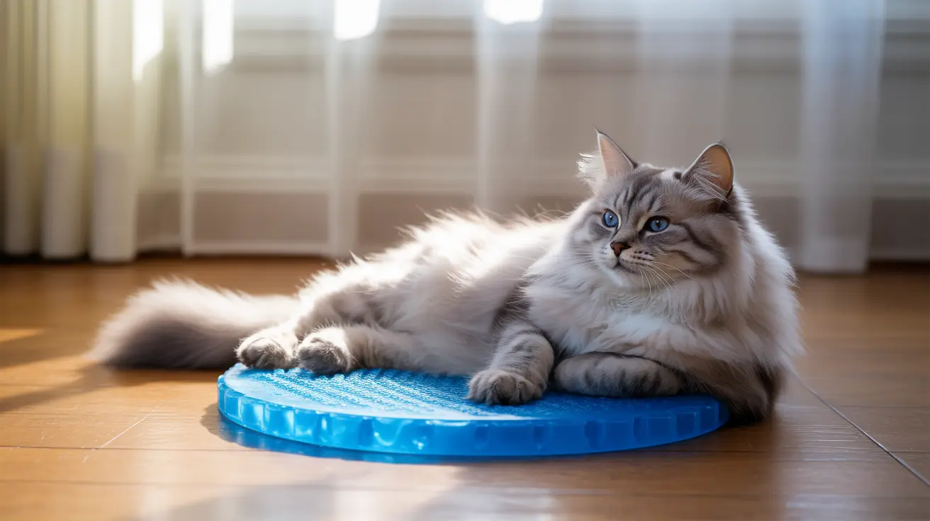 A fluffy white and gray Siberian cat resting on a blue cooling mat in a sunlit room