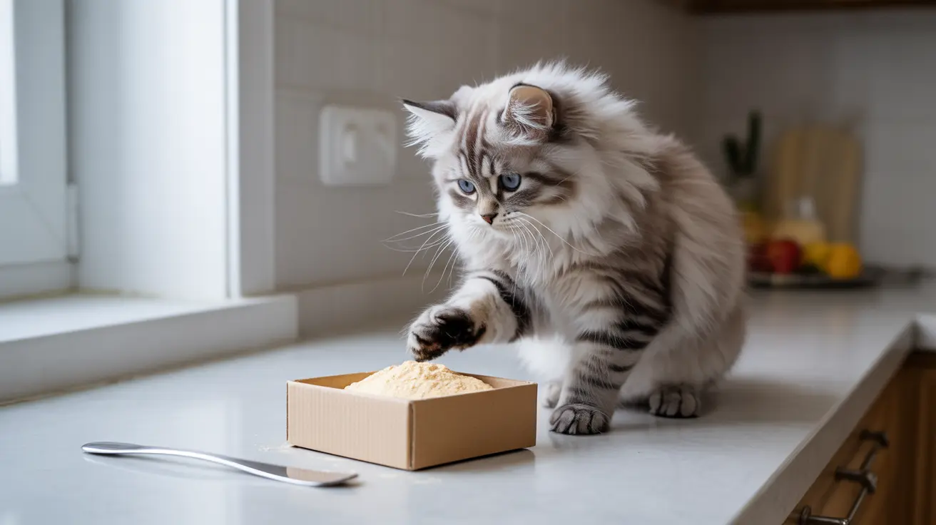 ふわふわのシベリアンキャットがキッチンのカウンターに座り、粉が入った段ボール箱に手を伸ばしている様子