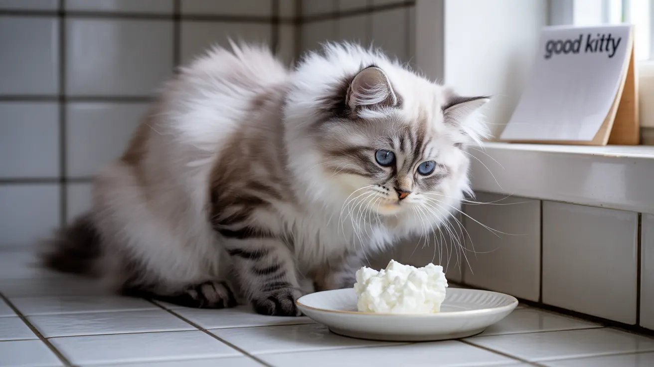 A fluffy white and gray Siberian cat sitting next to a plate of cottage cheese on a tiled kitchen counter