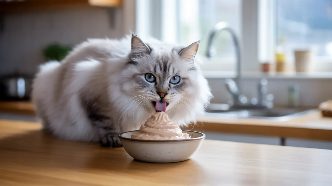 A fluffy white Siberian cat with blue eyes eating from a bowl of creamy food in a kitchen