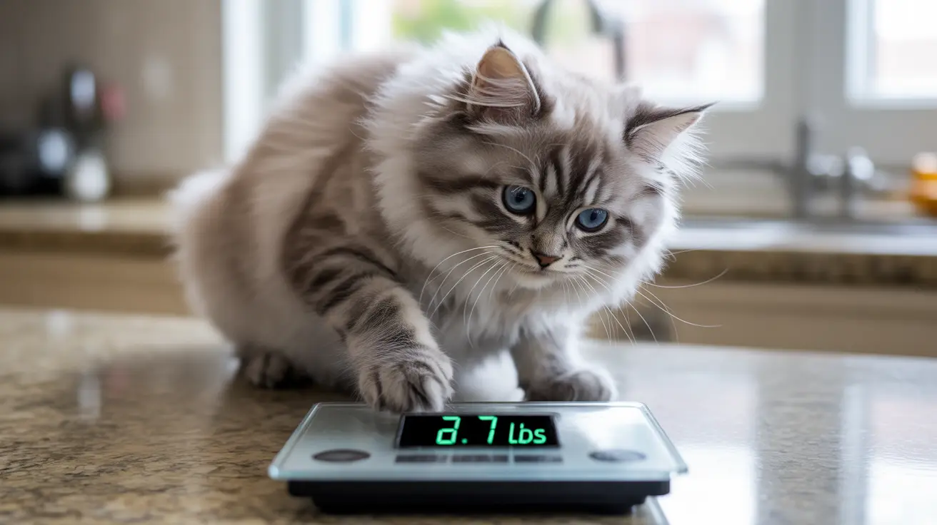 A fluffy Siberian cat sitting on a digital weighing scale, looking slightly curious