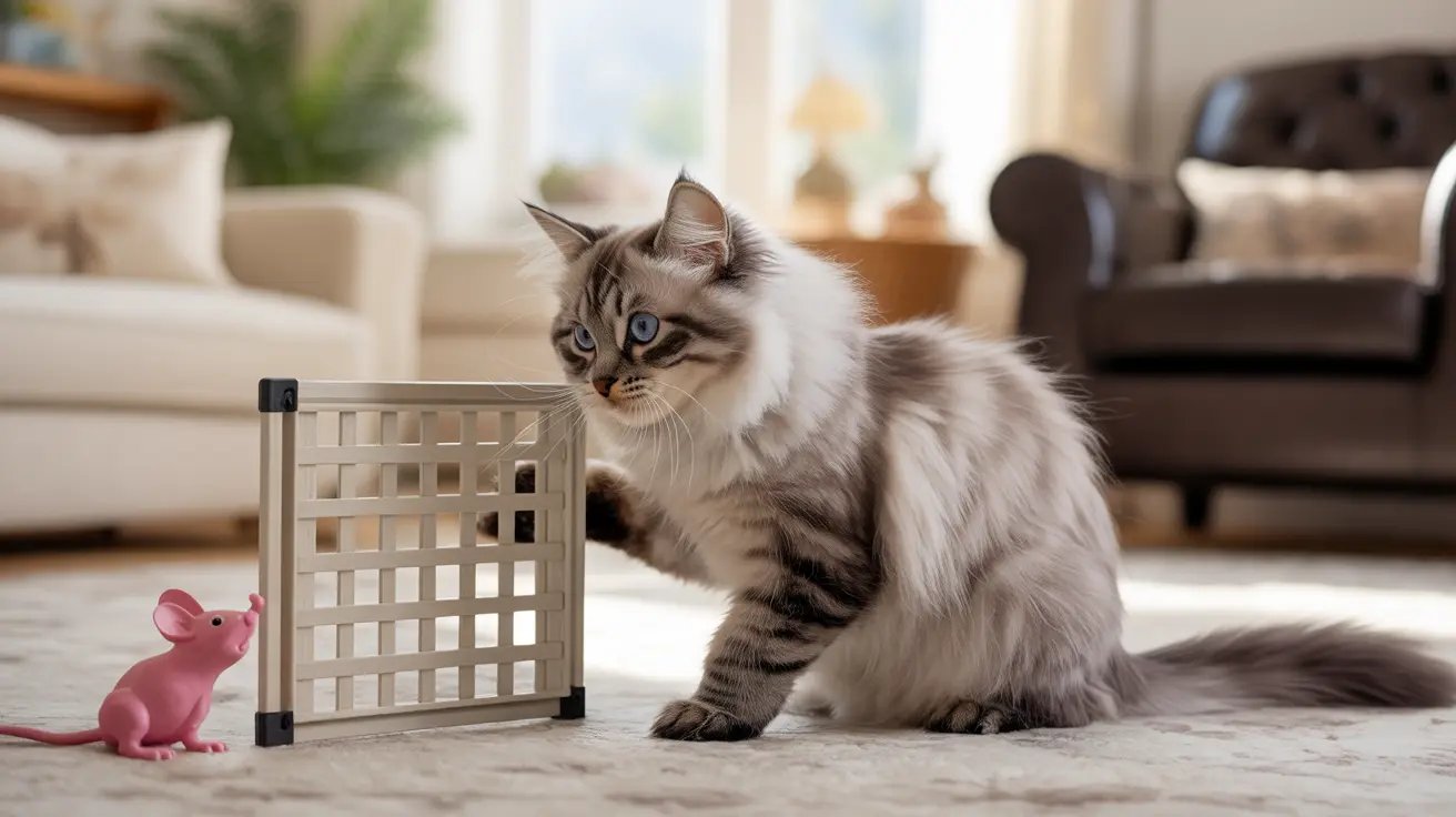 A fluffy Siberian cat sitting near a small gate with a pink toy mouse