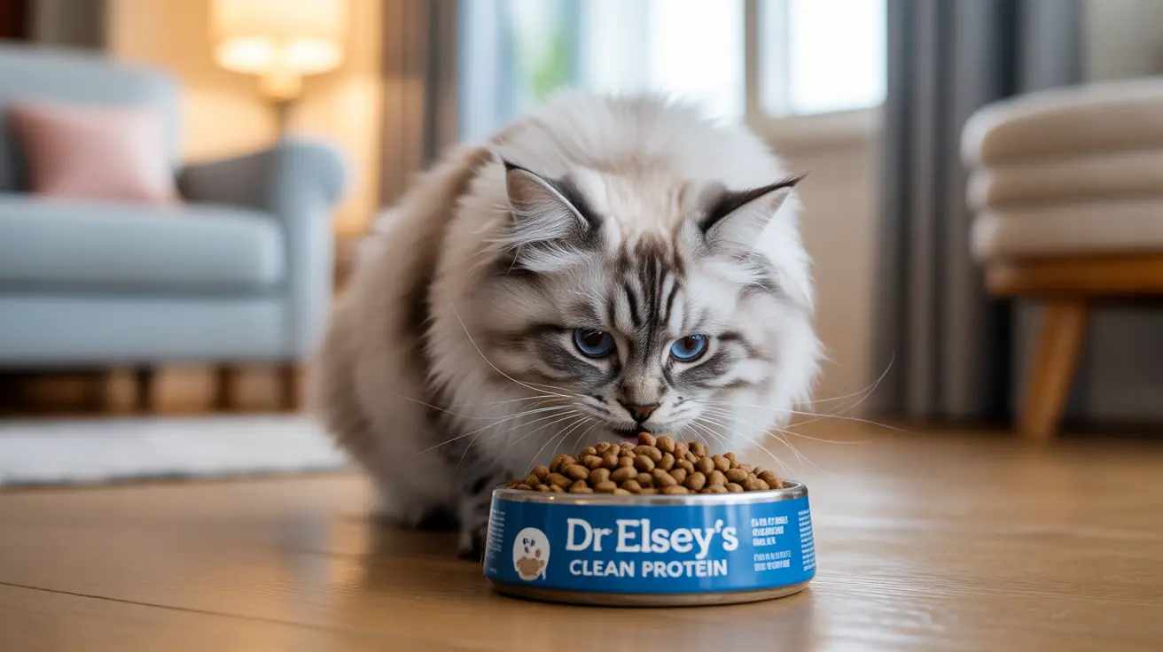 A fluffy Siberian cat eating from a Dr Elsey's Clean Protein cat food bowl