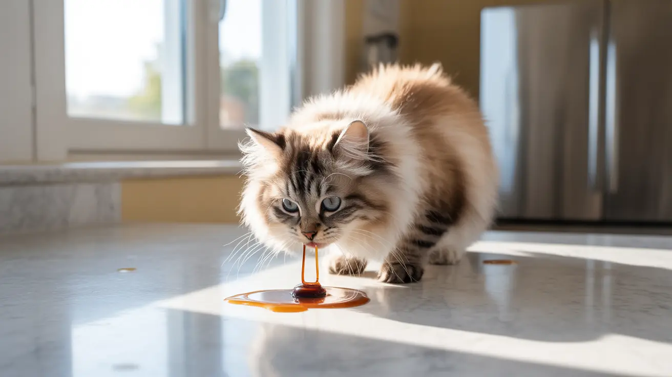 Un gato siberiano esponjoso bebiendo de un plato circular naranja sobre un piso reflectante.