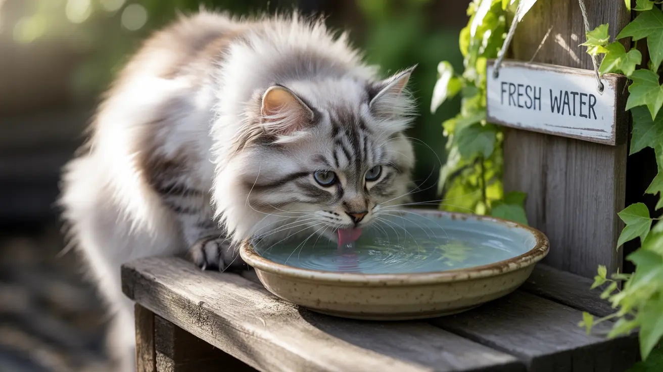 Fluffy Siberian cat drinking water from a ceramic bowl near a 'Fresh Water' sign