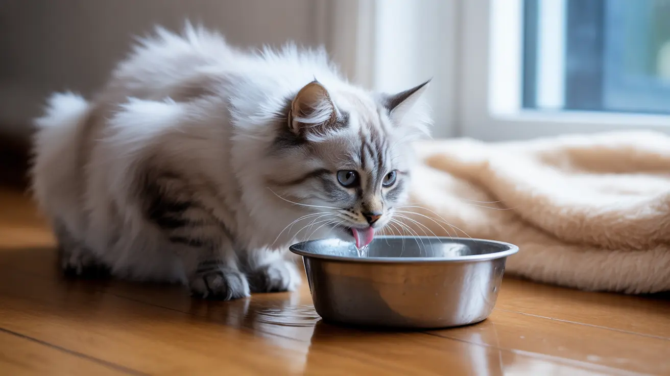 A fluffy white and gray Siberian cat drinking water from a metal bowl near a window