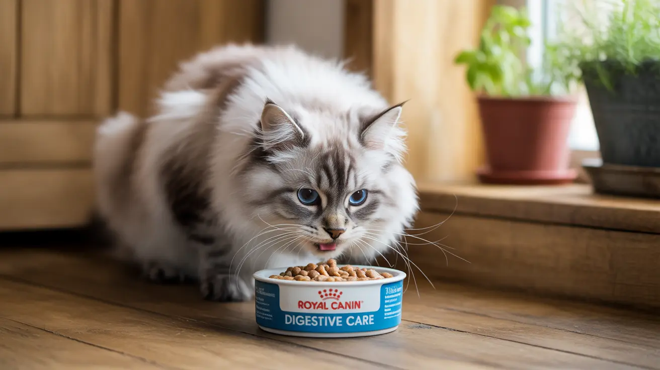 A fluffy white and gray Siberian cat eating from a Royal Canin Digestive Care food bowl