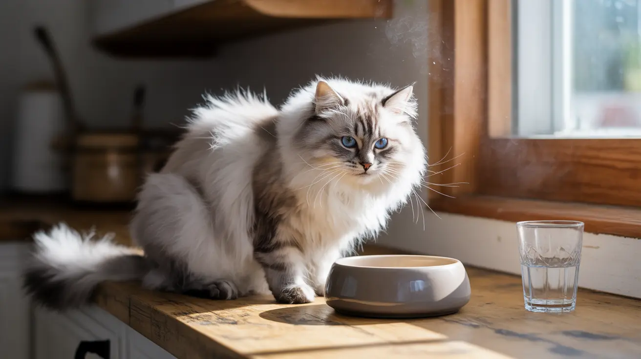 白と灰色のふわふわしたシベリアン猫が窓際の木製の棚に座り、そばにペット用の食器と水のグラスが置かれている様子