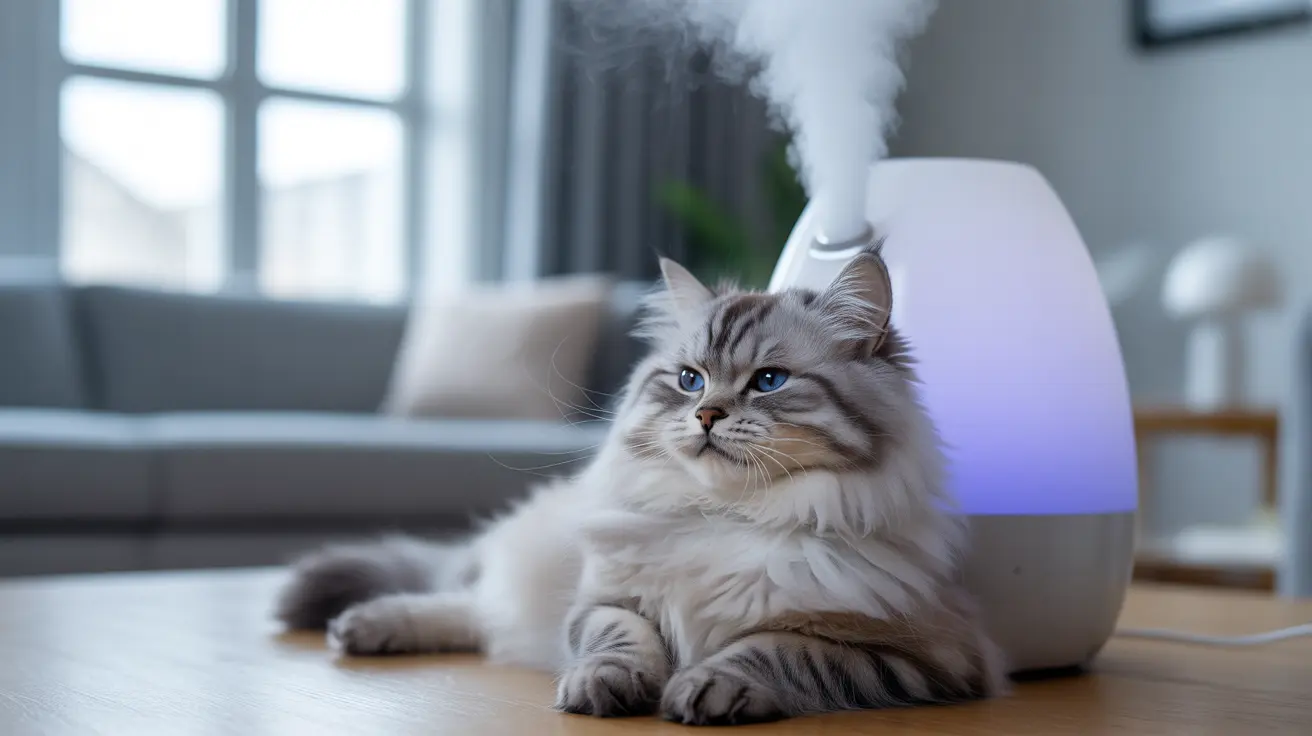 A fluffy Siberian cat sitting elegantly next to an illuminated essential oil diffuser