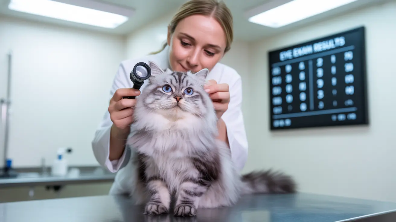 A fluffy gray and white Siberian cat receiving a veterinary eye examination