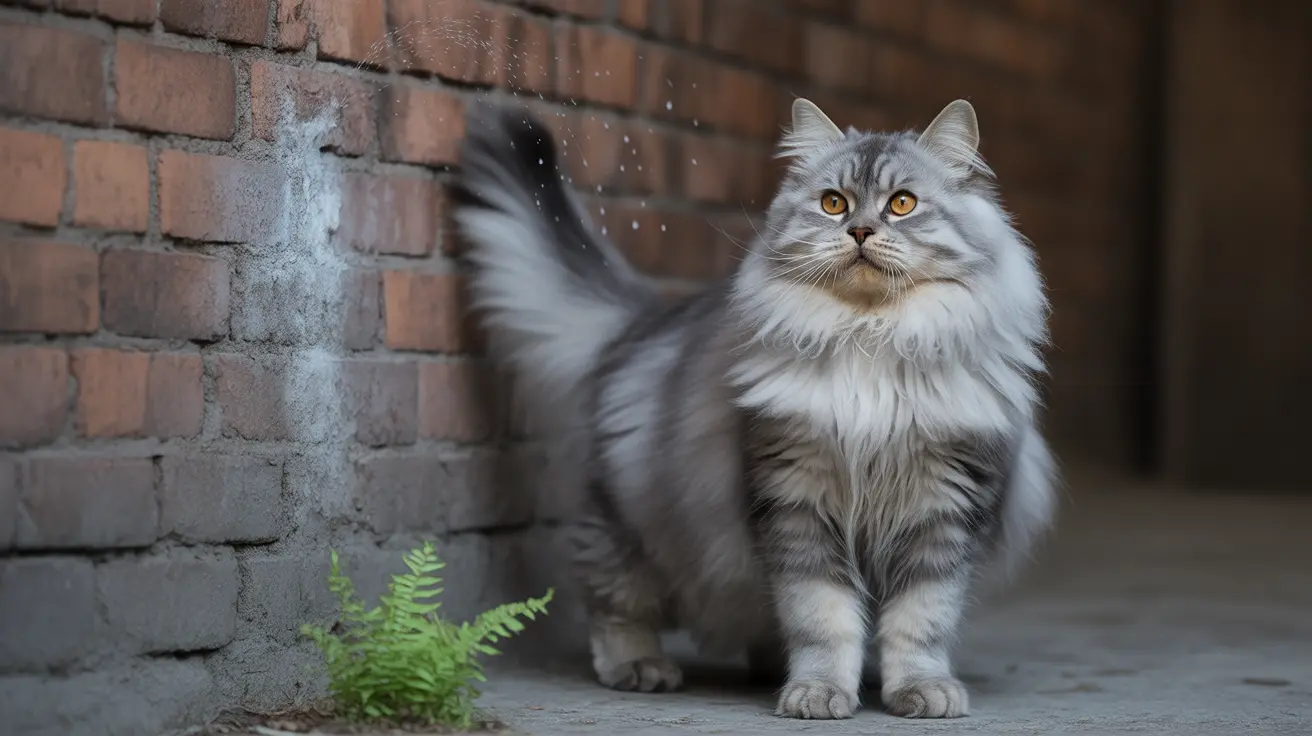 A fluffy Siberian cat sitting elegantly beside a small fern plant near a brick wall