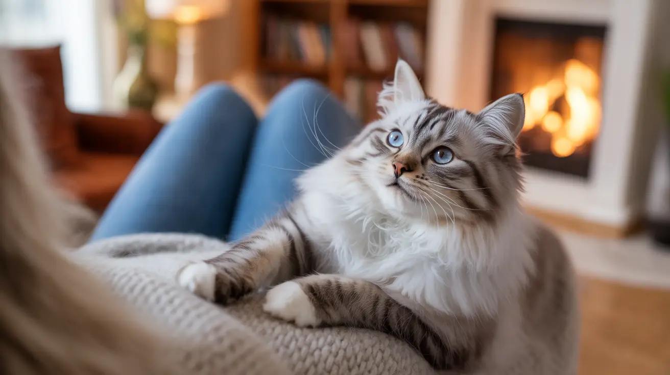 Fluffy white and gray Siberian cat resting comfortably on a textured blanket near a warm fireplace
