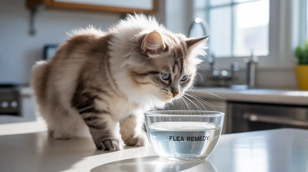 A fluffy Siberian cat curiously examining a glass bowl labeled 'Flea Remedy' on a kitchen counter