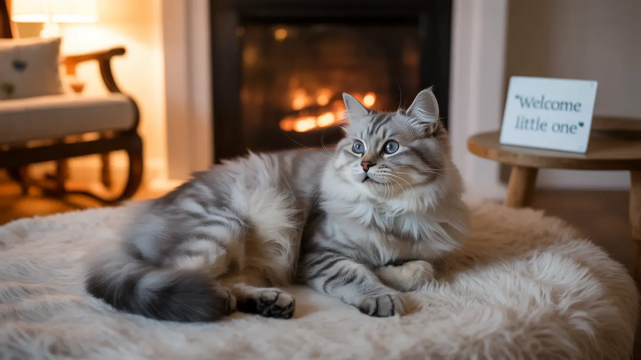 A fluffy Siberian cat relaxing on a soft fur rug near a warm fireplace