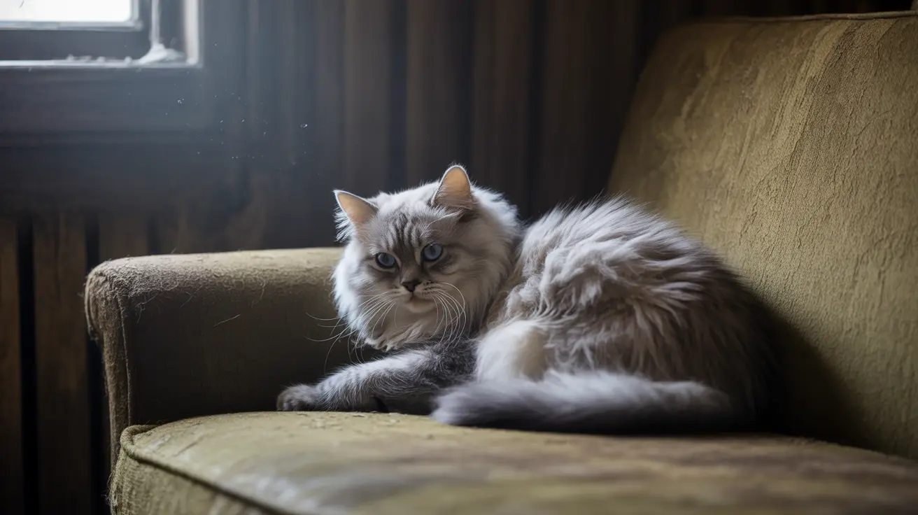 A fluffy gray and white Siberian cat lounging on a textured tan couch near a window