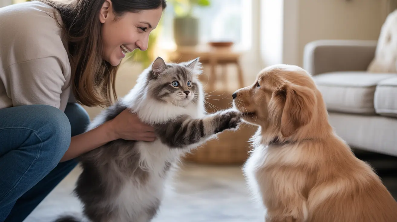 A fluffy Siberian or Norwegian Forest cat with a Golden Retriever and a smiling person nearby