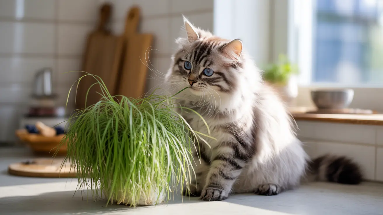 明るいキッチンの中で、ふわふわしたシベリアンキャットが緑の草が植わった鉢のそばに座っている様子。