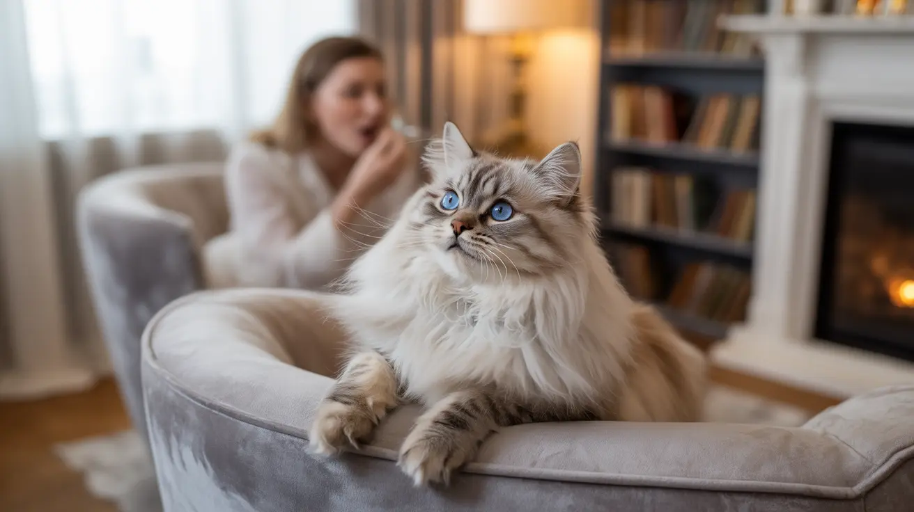 Un gato siberiano blanco y gris con intensos ojos azules descansando elegantemente en un sillón gris