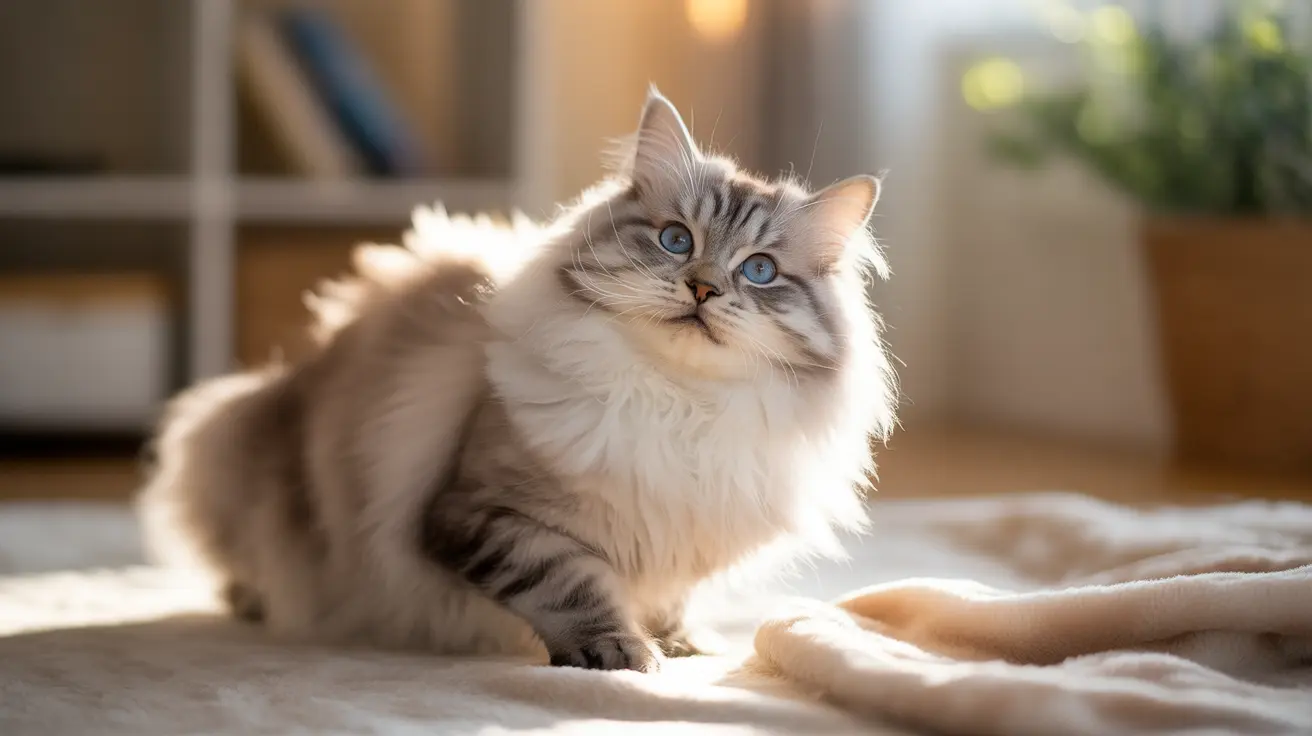 A fluffy gray and white Siberian cat with bright blue eyes sitting on a soft blanket in warm sunlight
