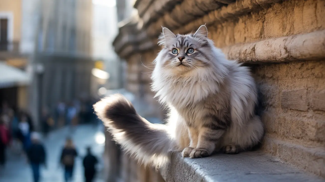 Un gato siberiano de pelo largo y esponjoso sentado con porte majestuoso en un borde de piedra junto a una pared de ladrillo en un entorno urbano.
