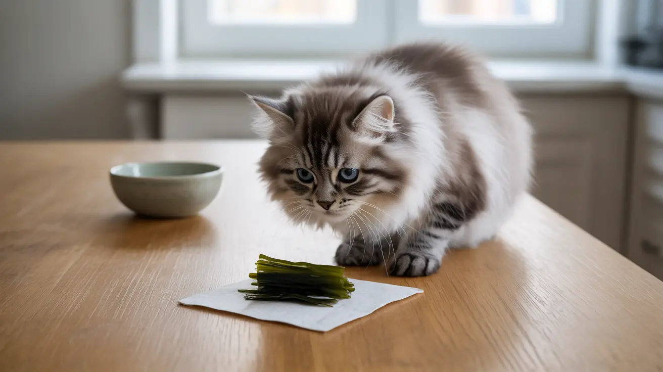 A fluffy Siberian cat sitting on a wooden table with green onions nearby