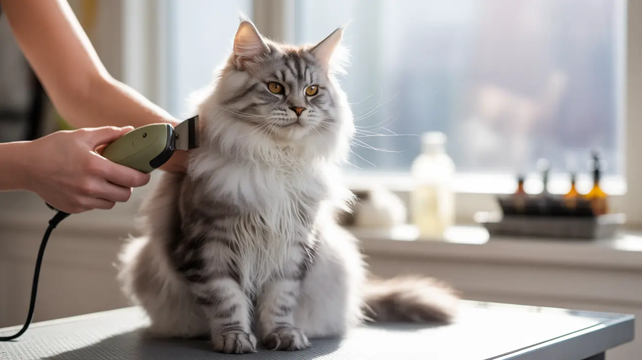 Un gato siberiano gris y blanco está siendo acicalado con una máquina de afeitar eléctrica cerca de una ventana luminosa.
