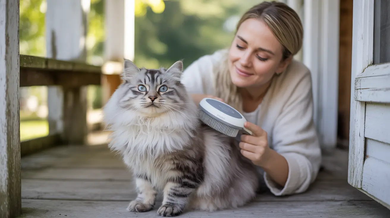 ふわふわしたシベリアンキャットが飼い主に木製のポーチで優しくグルーミングされている様子
