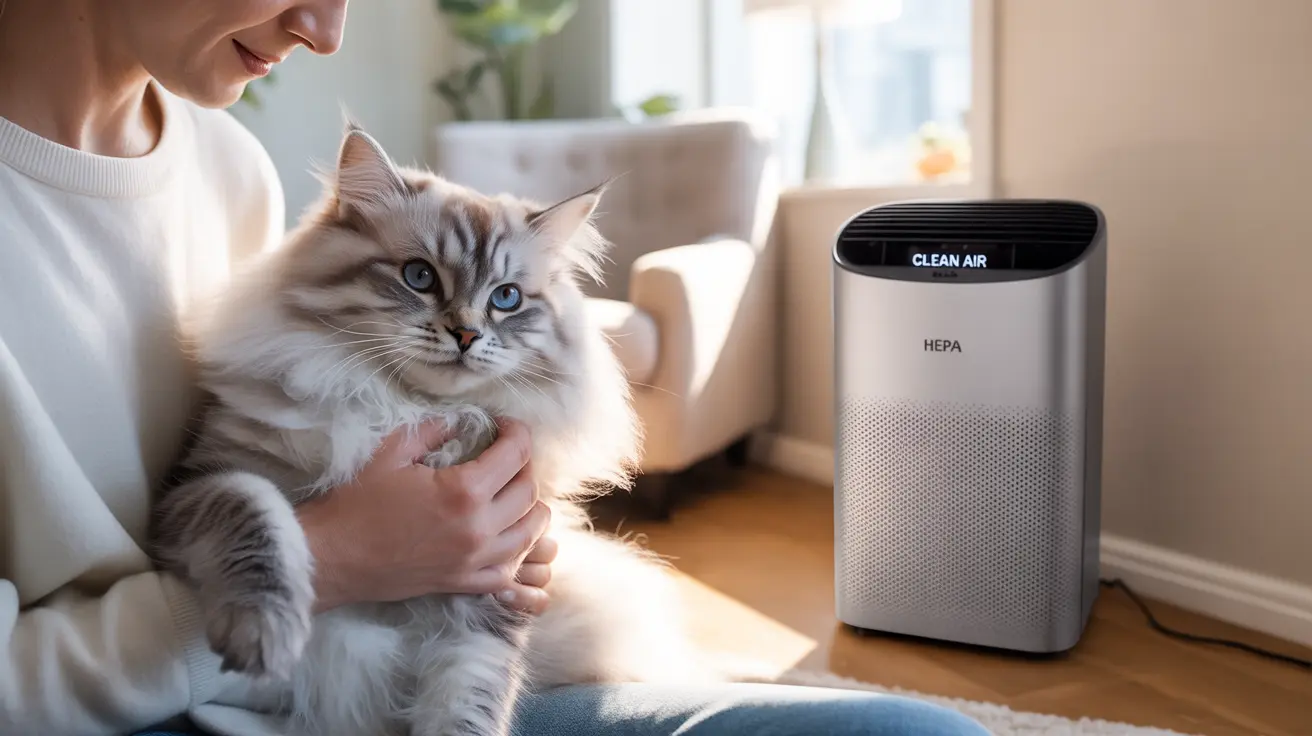 A fluffy Siberian cat being gently held near a HEPA air purifier