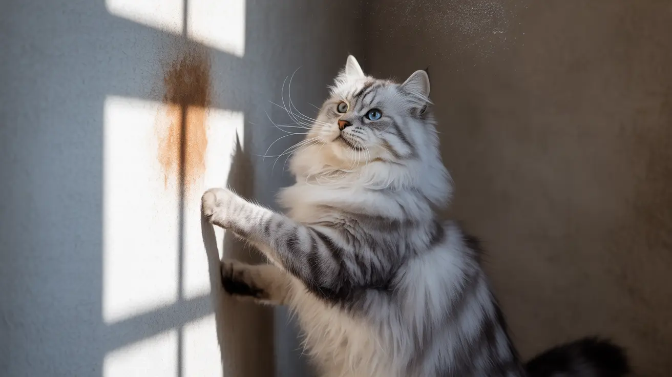 A stunning Siberian cat with blue and green eyes sitting near a window with dramatic light and shadow