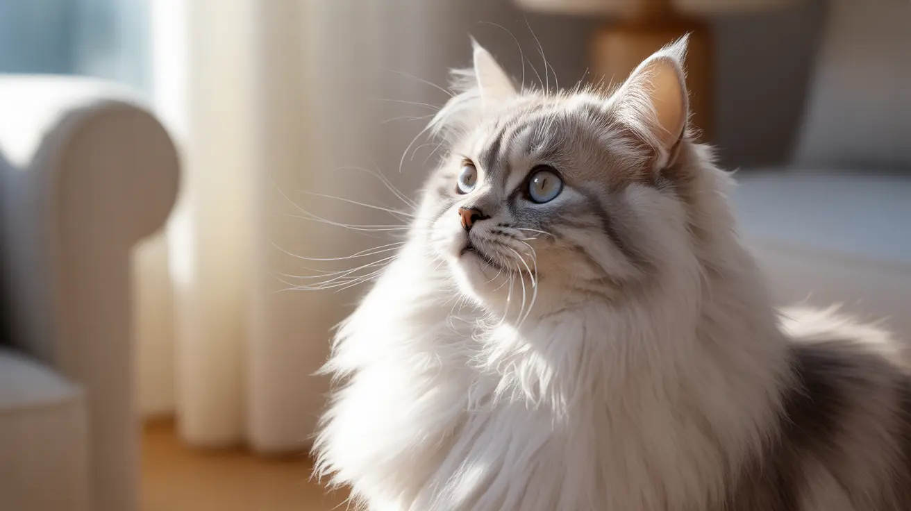 A majestic long-haired white and gray Siberian cat sitting attentively near a window