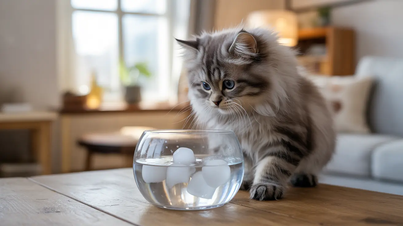 ふわふわしたシベリアンキャットが丸いガラスボウルの隣に座っており、そのボウルには水と白い球体が入っている様子