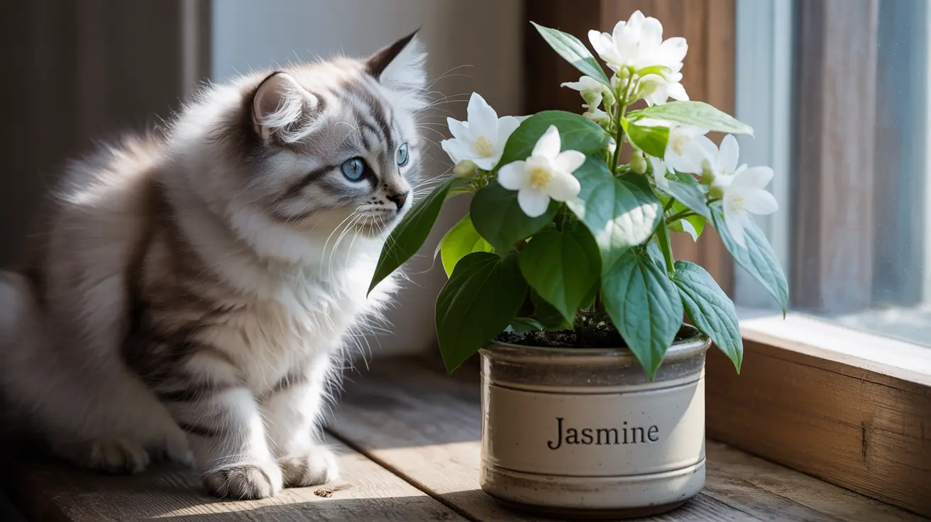 A fluffy white and gray Siberian cat sitting beside a potted jasmine plant near a window