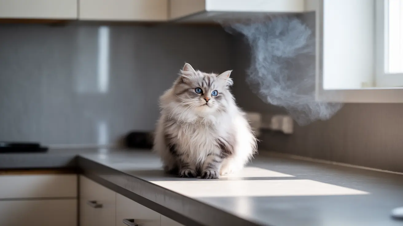 A fluffy white and gray Siberian cat sitting regally on a kitchen countertop