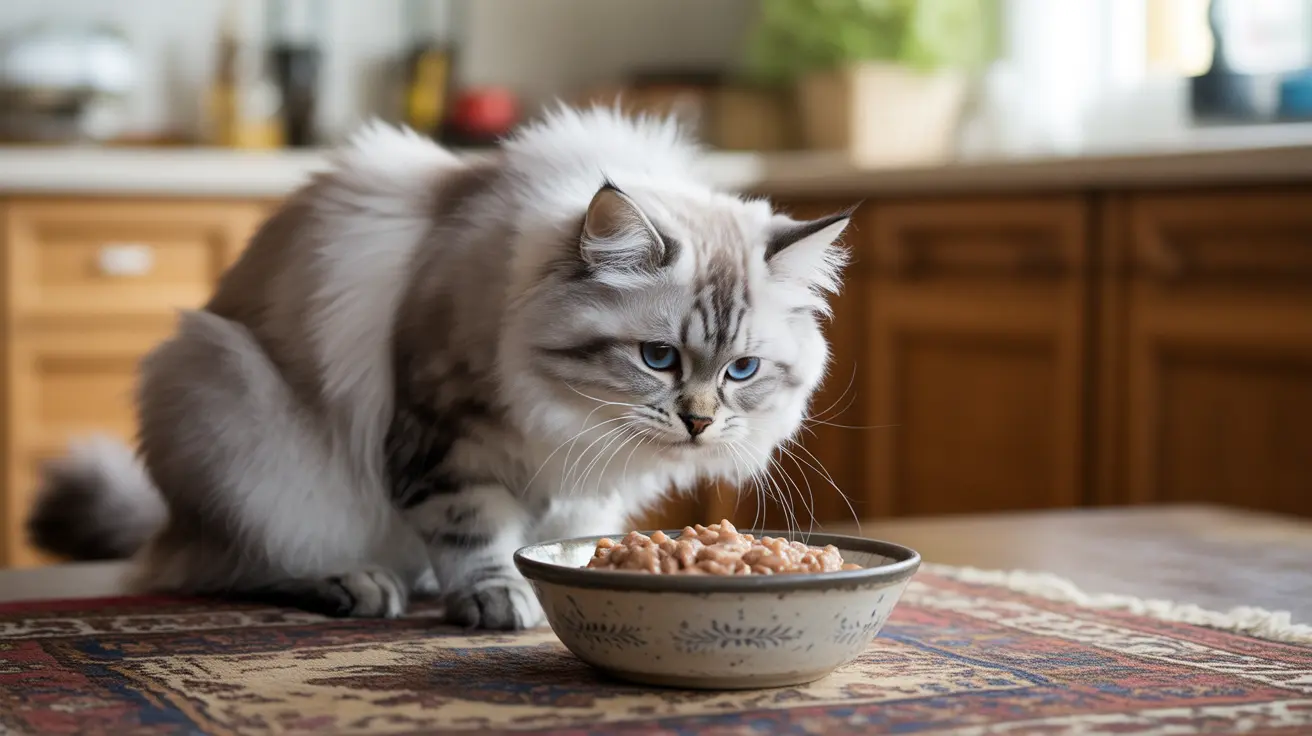 A fluffy white and gray Siberian cat sitting near a bowl of cat food in a kitchen