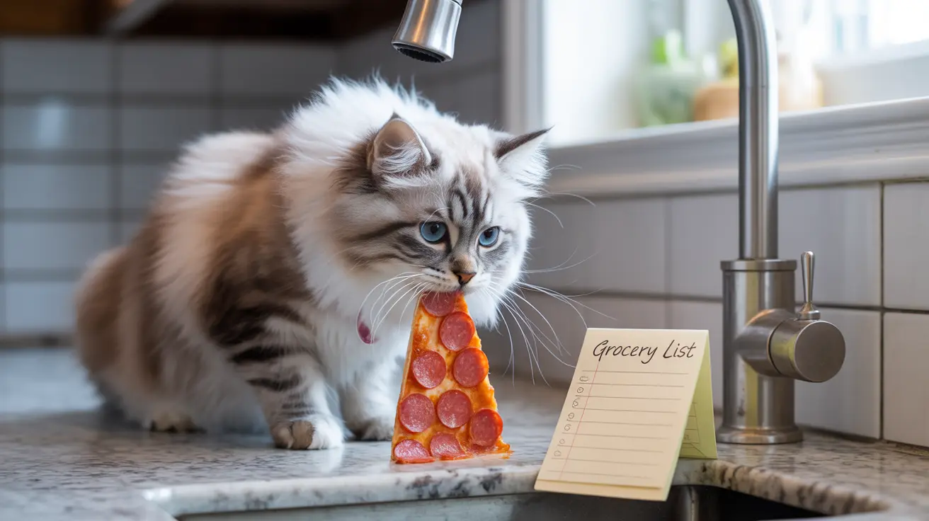 A fluffy white and gray Siberian cat sitting on a kitchen counter next to a slice of pepperoni pizza and a grocery list