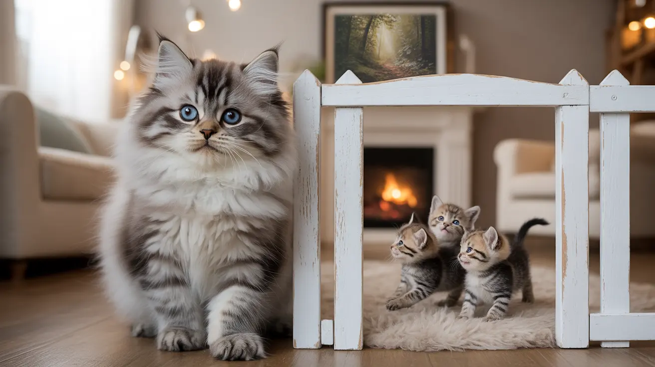 An adult Siberian cat sitting next to three playful kittens near a warm fireplace