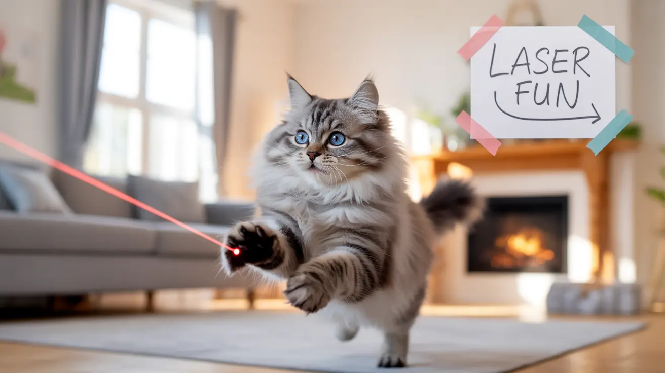 A fluffy Siberian cat playfully reaching for a red laser pointer dot in a cozy living room