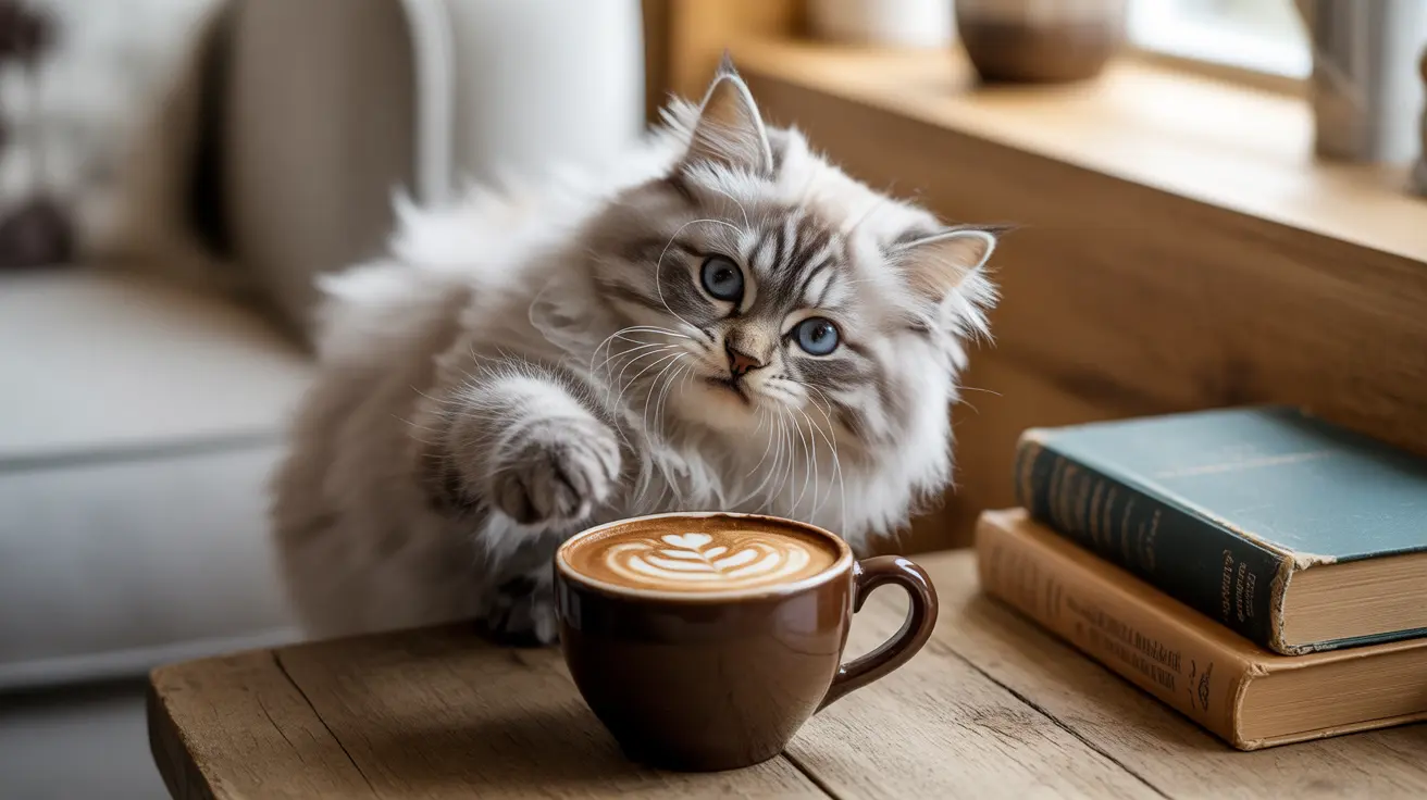 Un gato siberiano esponjoso sentado junto a una taza de café con arte latte, mirando curiosamente a la cámara.