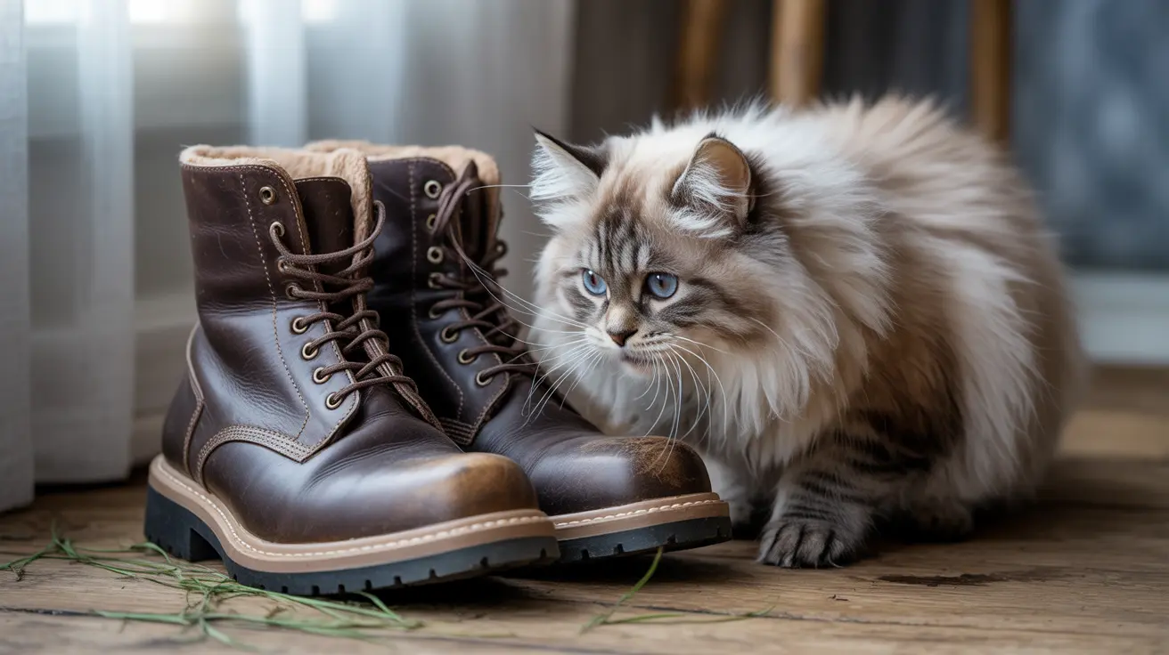 A fluffy Siberian cat sitting next to a pair of brown leather work boots